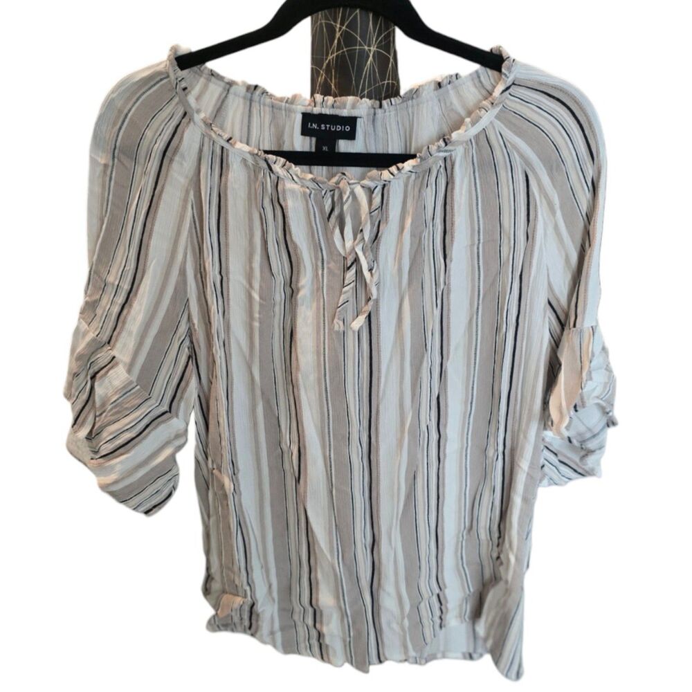 i.N. Studio Striped Ruffle Sleeve Boho Tie Neck Peasant Blouse White Tan xl